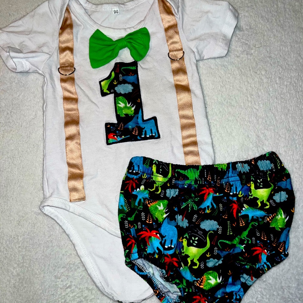 Boys Dino 1st Birthday Outfit (onesie & bloomers)